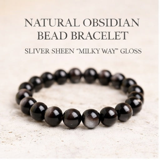 Natural Obsidian Bead Bracelet – Silver Sheen “Milky Way” Gloss, Unisex Stretch Bracelet