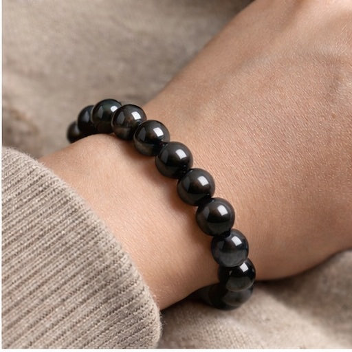Natural Obsidian Bead Bracelet – Silver Sheen “Milky Way” Gloss, Unisex Stretch Bracelet