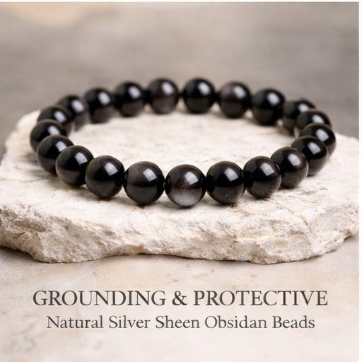 Natural Obsidian Bead Bracelet – Silver Sheen “Milky Way” Gloss, Unisex Stretch Bracelet