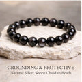 Natural Obsidian Bead Bracelet – Silver Sheen “Milky Way” Gloss, Unisex Stretch Bracelet