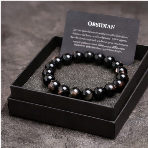 Natural Obsidian Bead Bracelet – Silver Sheen “Milky Way” Gloss, Unisex Stretch Bracelet