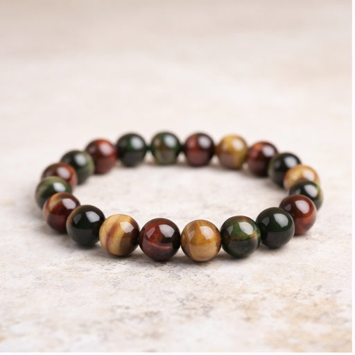 Natural Multi-Color Tiger Eye Bead Bracelet – Red/Gold/Green Tiger’s Eye, Stretch Bracelet