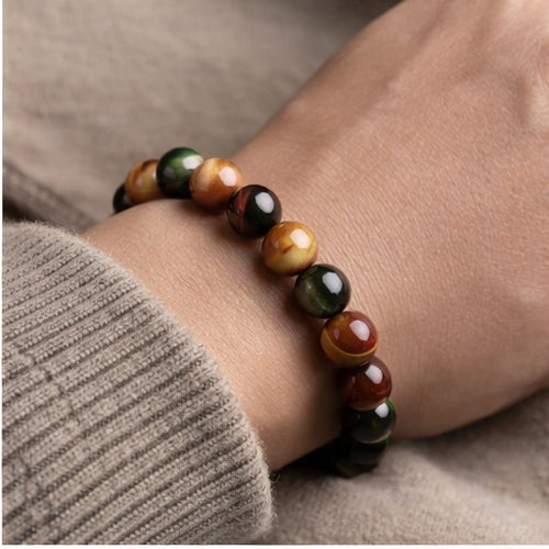Natural Multi-Color Tiger Eye Bead Bracelet – Red/Gold/Green Tiger’s Eye, Stretch Bracelet