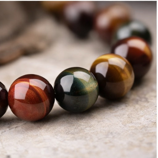 Natural Multi-Color Tiger Eye Bead Bracelet – Red/Gold/Green Tiger’s Eye, Stretch Bracelet