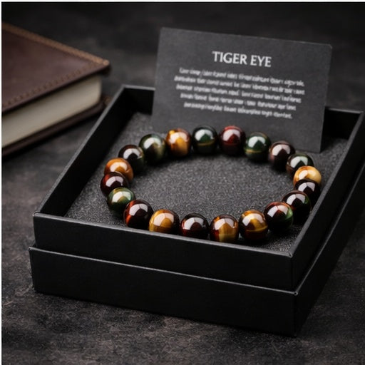 Natural Multi-Color Tiger Eye Bead Bracelet – Red/Gold/Green Tiger’s Eye, Stretch Bracelet