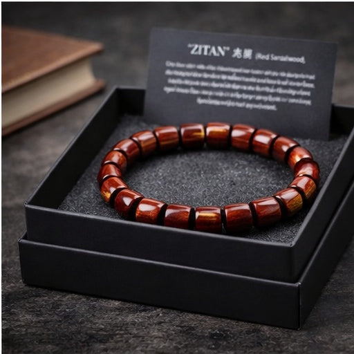 Natural Red Wood Barrel Bead Bracelet – Vintage Minimalist, Stretch Fit